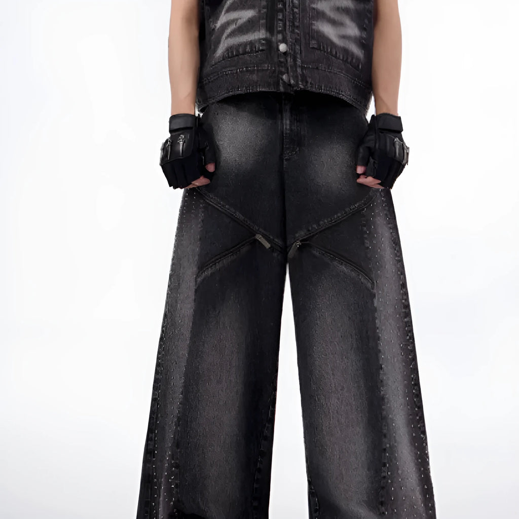Women's black and grey washed denim wide leg pants with matching vest in Korean style