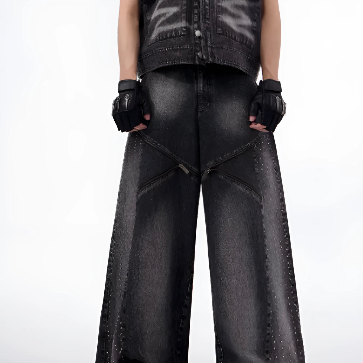 Women's black and grey washed denim wide leg pants with matching vest in Korean style