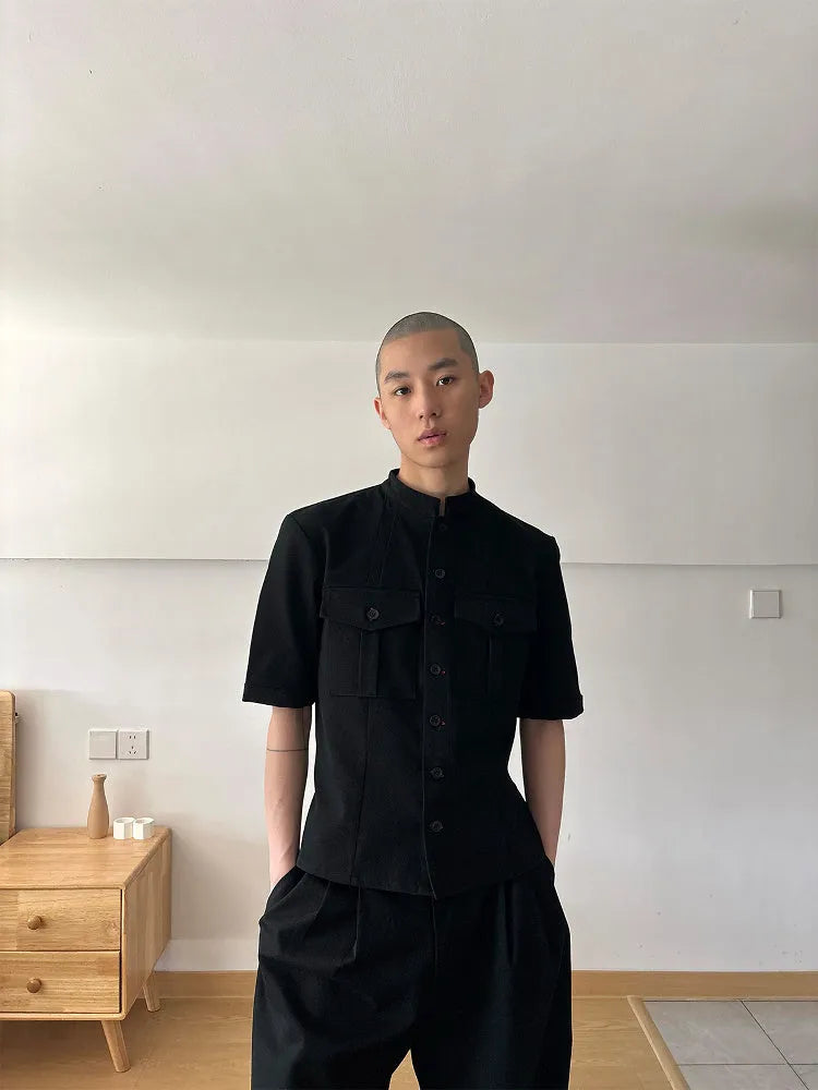 Handmade red eye hunting suit half sleeve shirt in black, loose fit with shirt collar and single-breasted placket