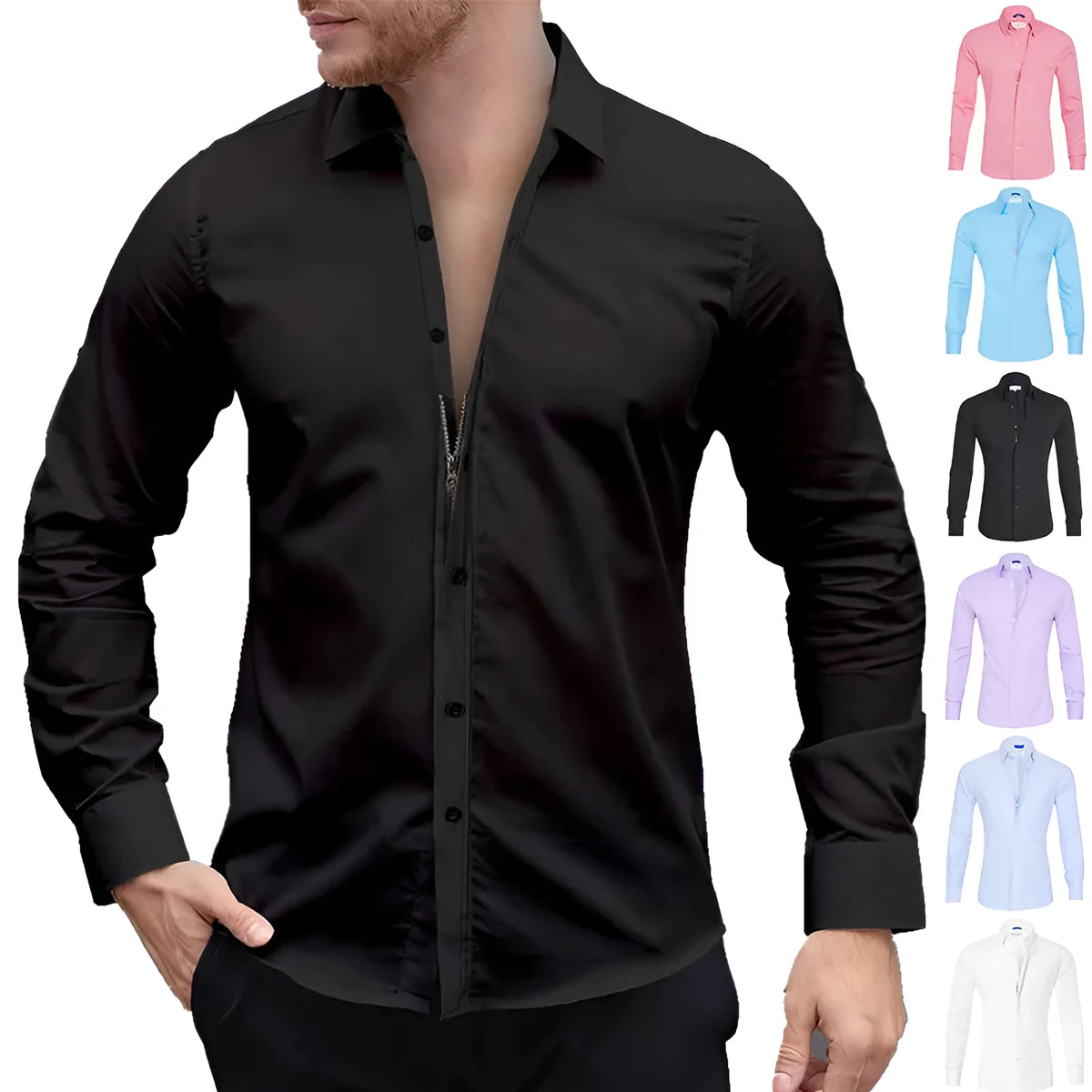 Men's long sleeve zip shirt with button-design collar, slim fit cotton fabric, available in eight colours and sizes XS to XXXL