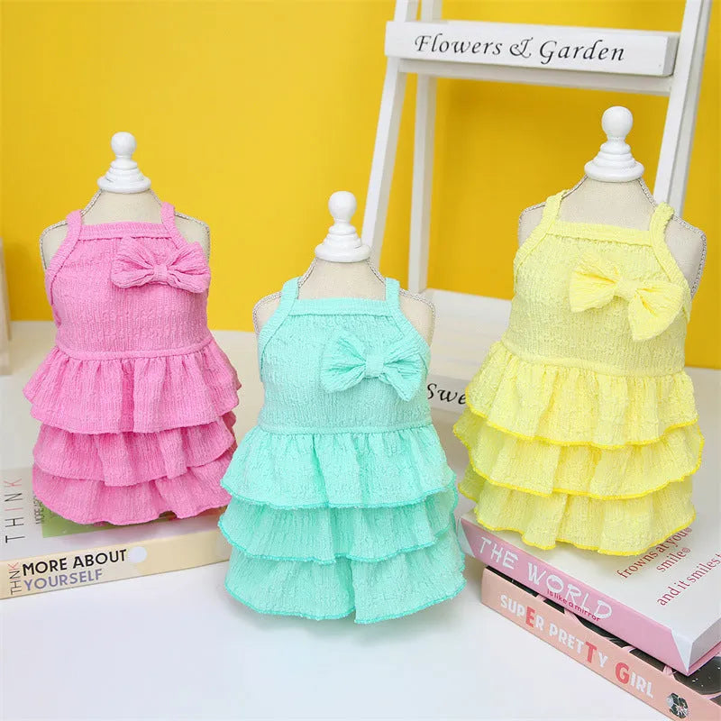 Polyester princess dress for small dogs with layered skirt and hair candy details in rose red colour