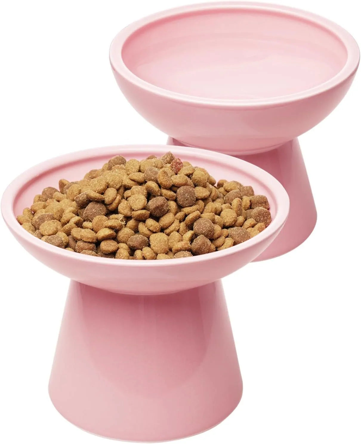 Elevated ceramic cat food and water bowl set with wide 16cm shallow dish design in various colours