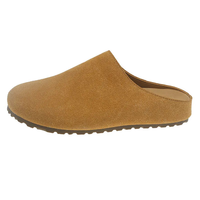 Korean style apricot coloured flat slippers with a square toe and slip-on design