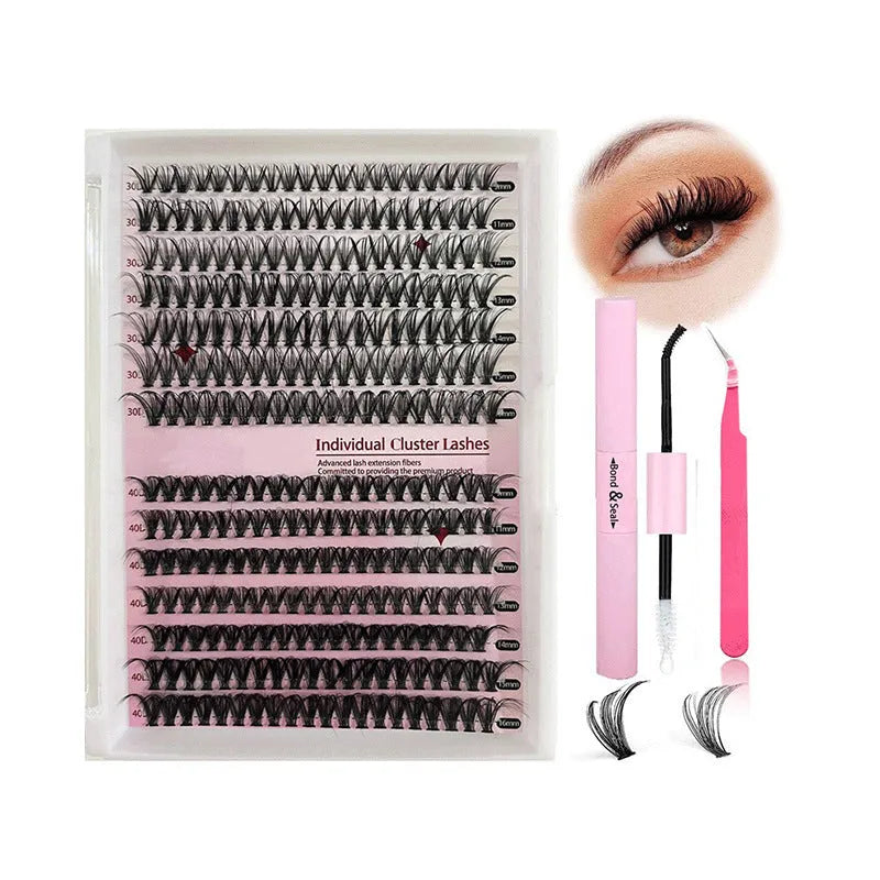 Mixed package of DIY cluster false eyelashes in 30D and 40D densities with tweezers, lengths 9-16mm.