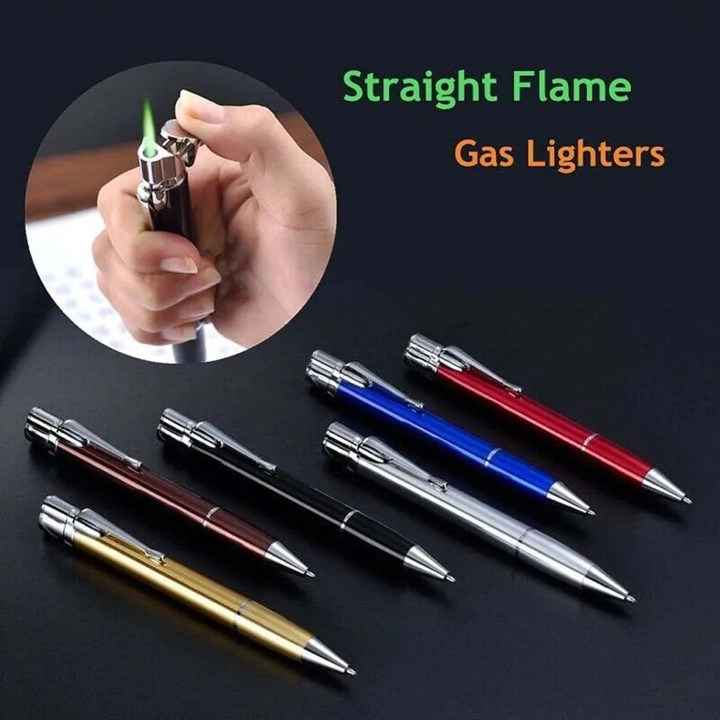 Windproof metal pen lighter with keychain in six colours, showing slim 14mm design for outdoor use