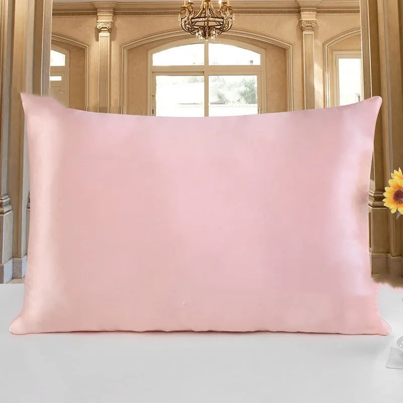 19 M double-sided silk pillowcase in apricot colour, showing smooth texture and size options for UK pillows