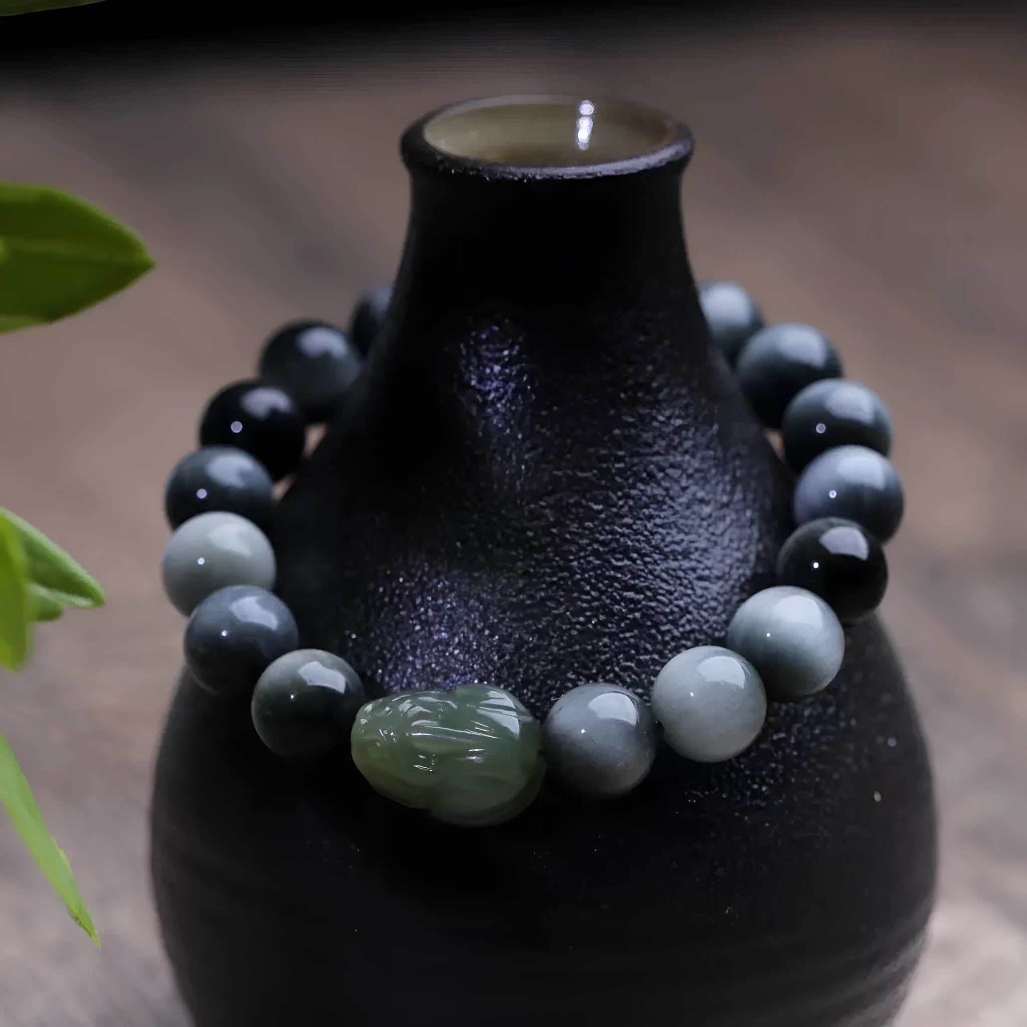 Black Eagle Eye Stone bracelet with Hetian Jade Pixiu charm and 10mm beads