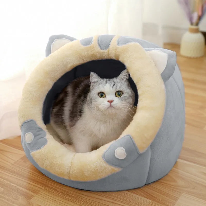Grey enclosed cat house bed in Ox horn or Rabbit Nest shape, M L XL sizes for 3-25 kg pets