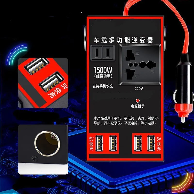 Black car power converter with UK three-pin socket and four USB ports for 12V/24V to 220V conversion
