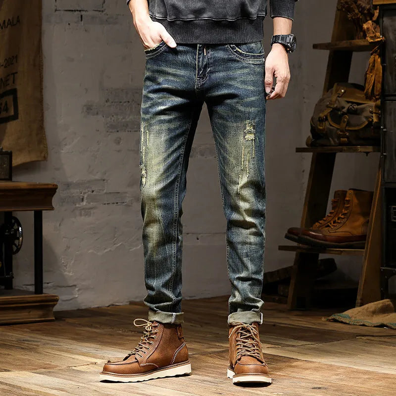 Men's retro colour stretch denim jeans with zip fly, shown in a slim pencil style for casual wear