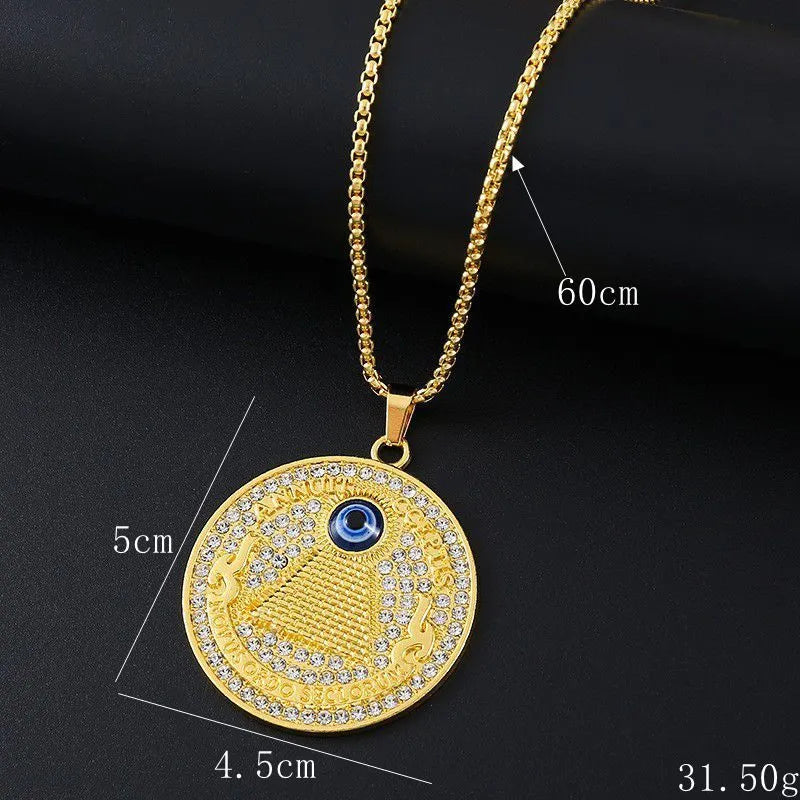 Geometric alloy pendant necklace with zircon stones in gold tone finish, showing personality style design