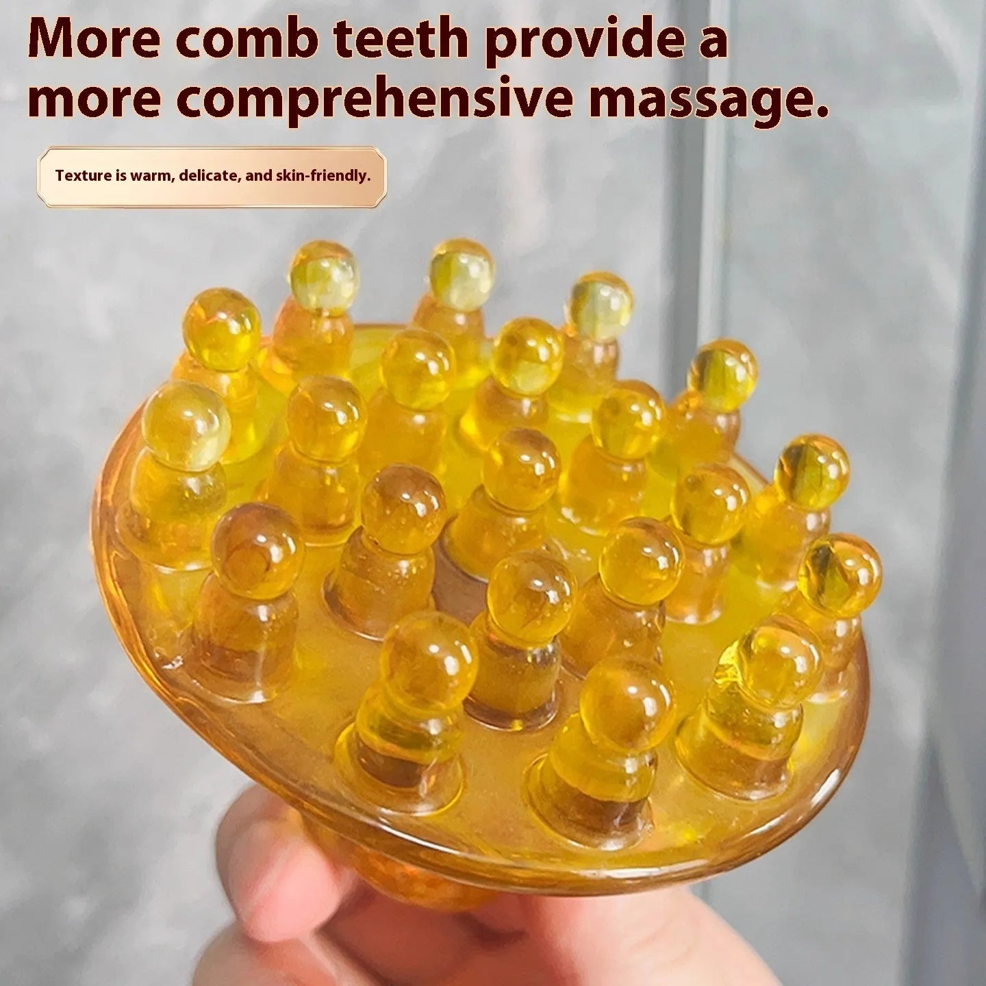 Circular disc massage comb with 21 teeth in coffee brown and yellow colour options.