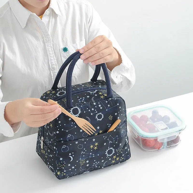 Oxford cloth thermal lunch bag with aluminium foil insulation in sea unicorn, rose red, blue, and stripe colours
