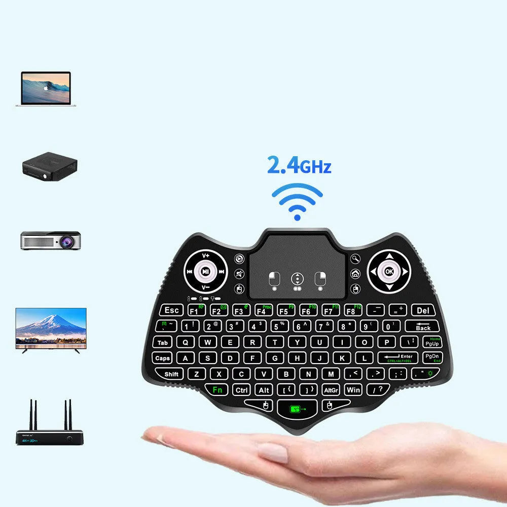 V18 black wireless mini flying keyboard mouse remote control with 88 keys and 2.4G wireless technology.