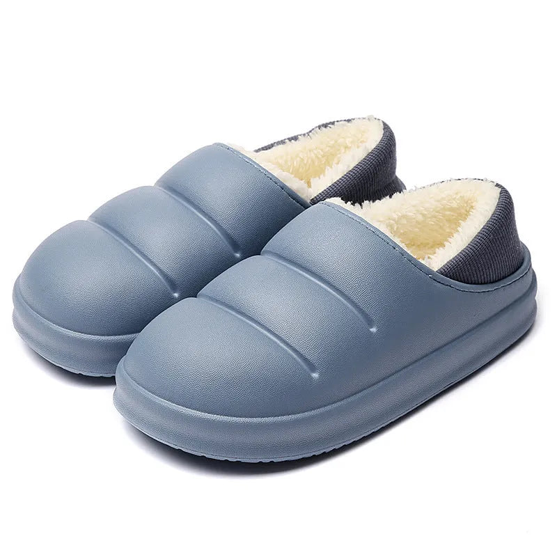 EVA couple cotton slippers in green with non-slip soles and plush lining, heel height 1.5-3.5cm