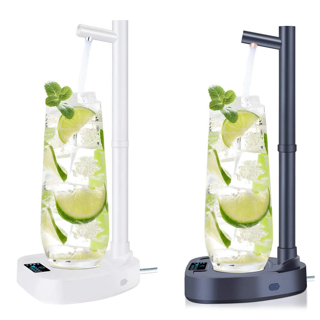 White and blue desktop water dispenser with extension tube on counter next to water bottle