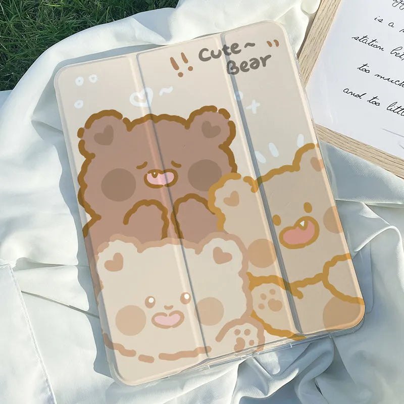Rabbit cartoon design tri-fold silicone case for iPad showing flat and standing positions
