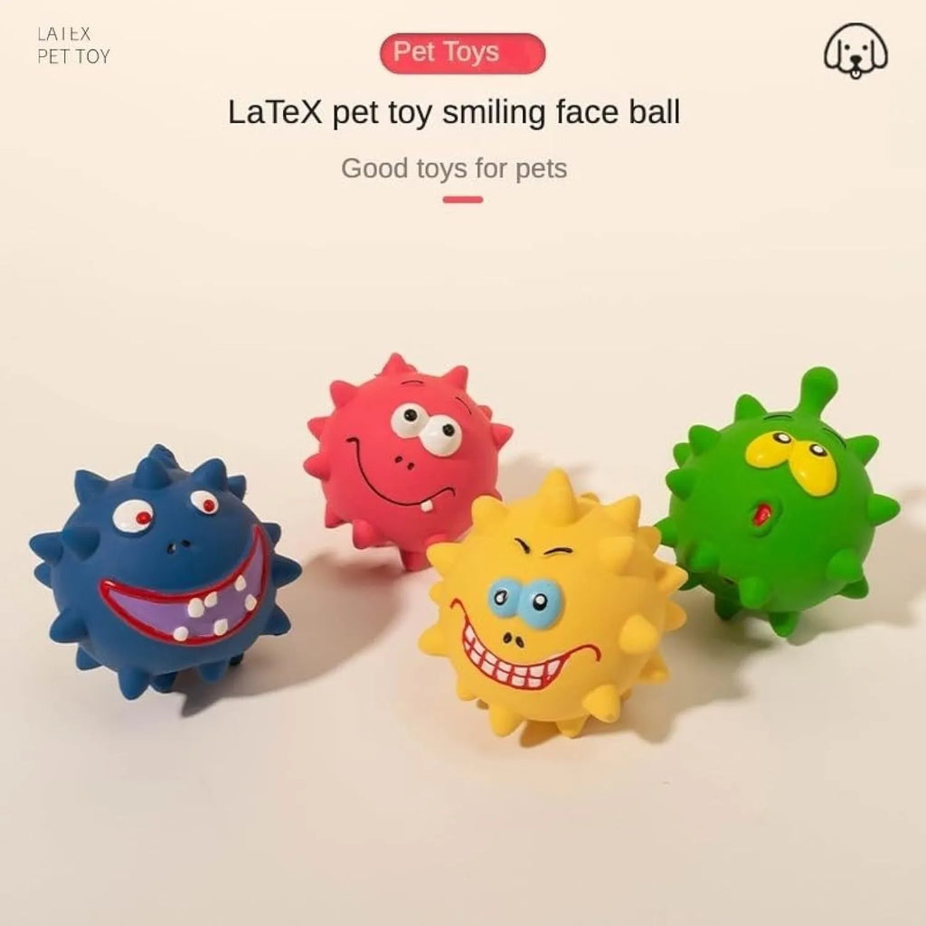 Four colourful squeaky dog balls with cute faces, showing textured surface for dental cleaning, natural latex construction