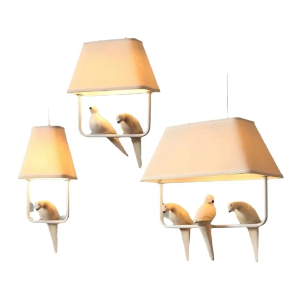 Iron droplight bird chandelier ceiling lamp with a decorative fabric shade featuring bird designs.