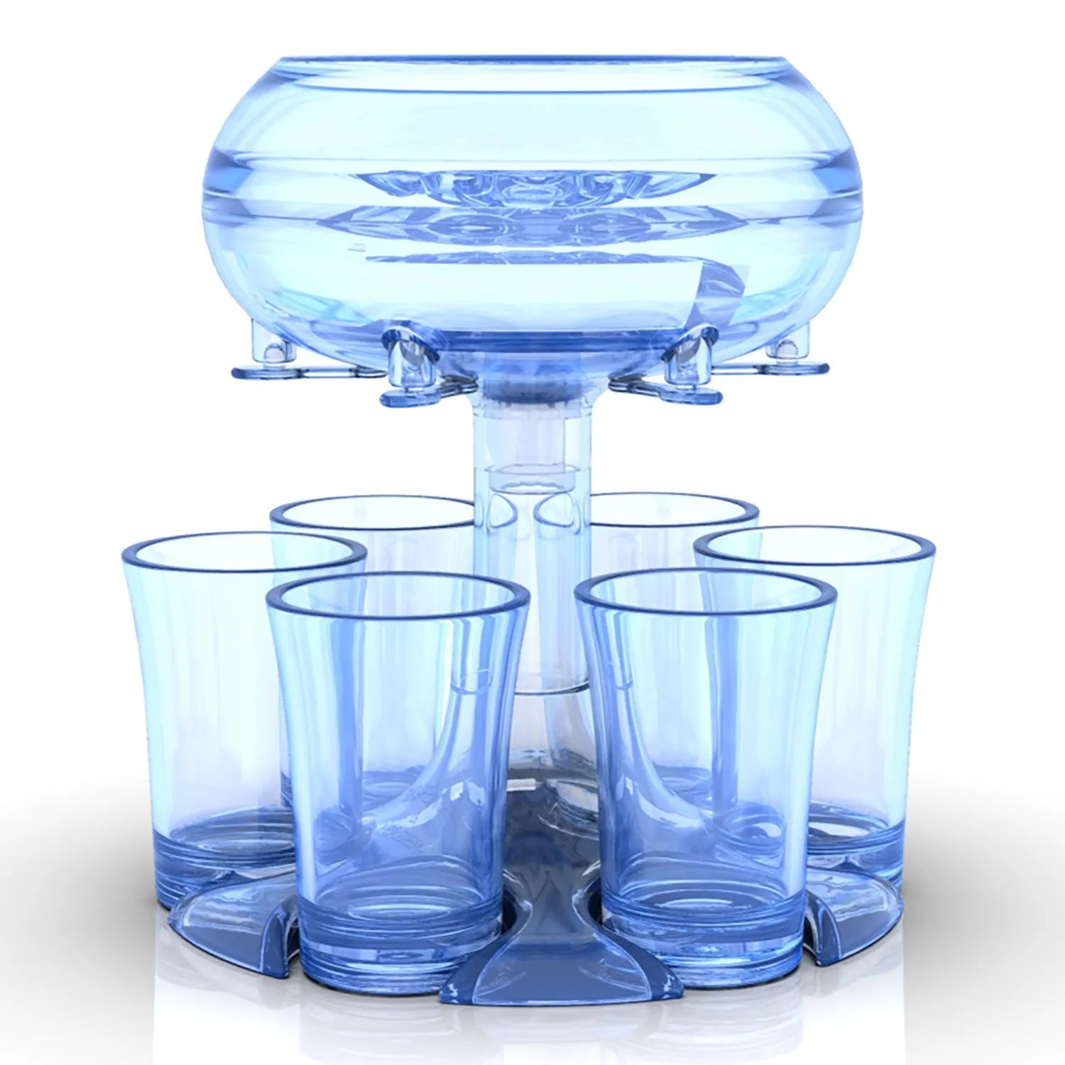 Transparent 6-shot glass dispenser rack with six shot glasses on a bar table.