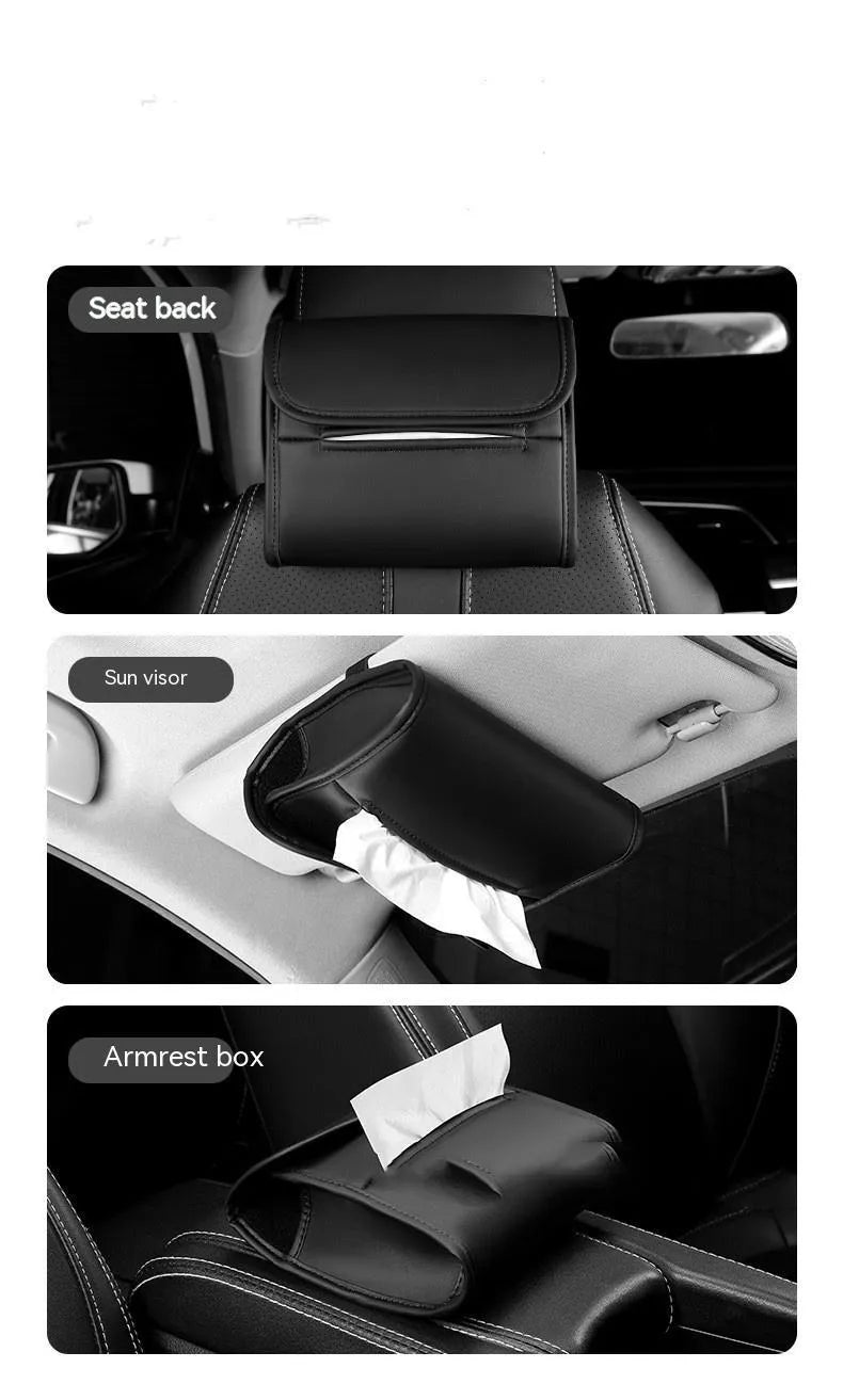 Leather car tissue box with elastic band for sun visor mounting in choice of five colours