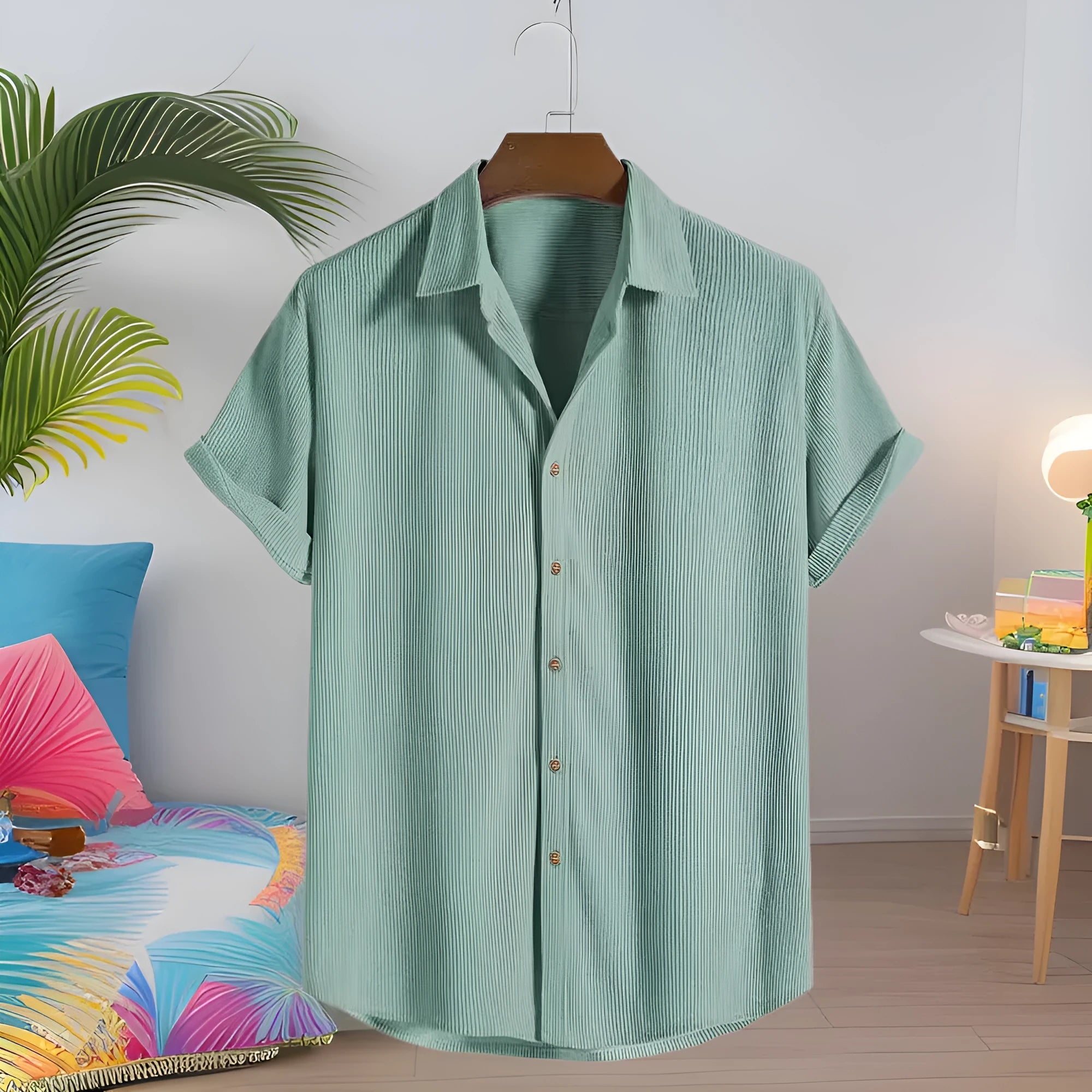 Men's casual short-sleeved cardigan shirt in polyester, shown in various colours and sizes.