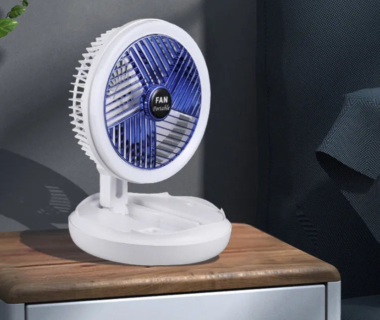 Blue foldable table fan with LED light showing 300° rotation angle and Type-C charging port
