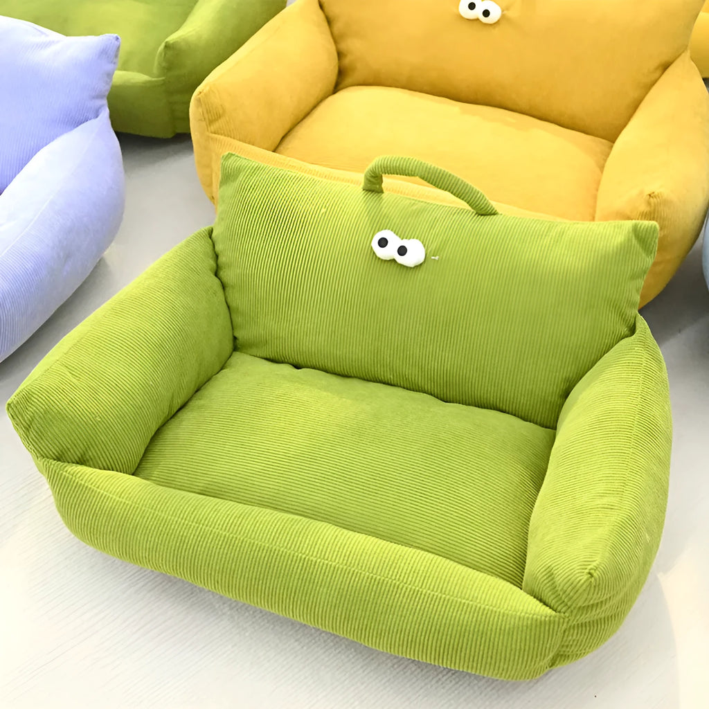 Cartoon big eye pet sofa kennel bed in moon velvet fabric with blue colour option