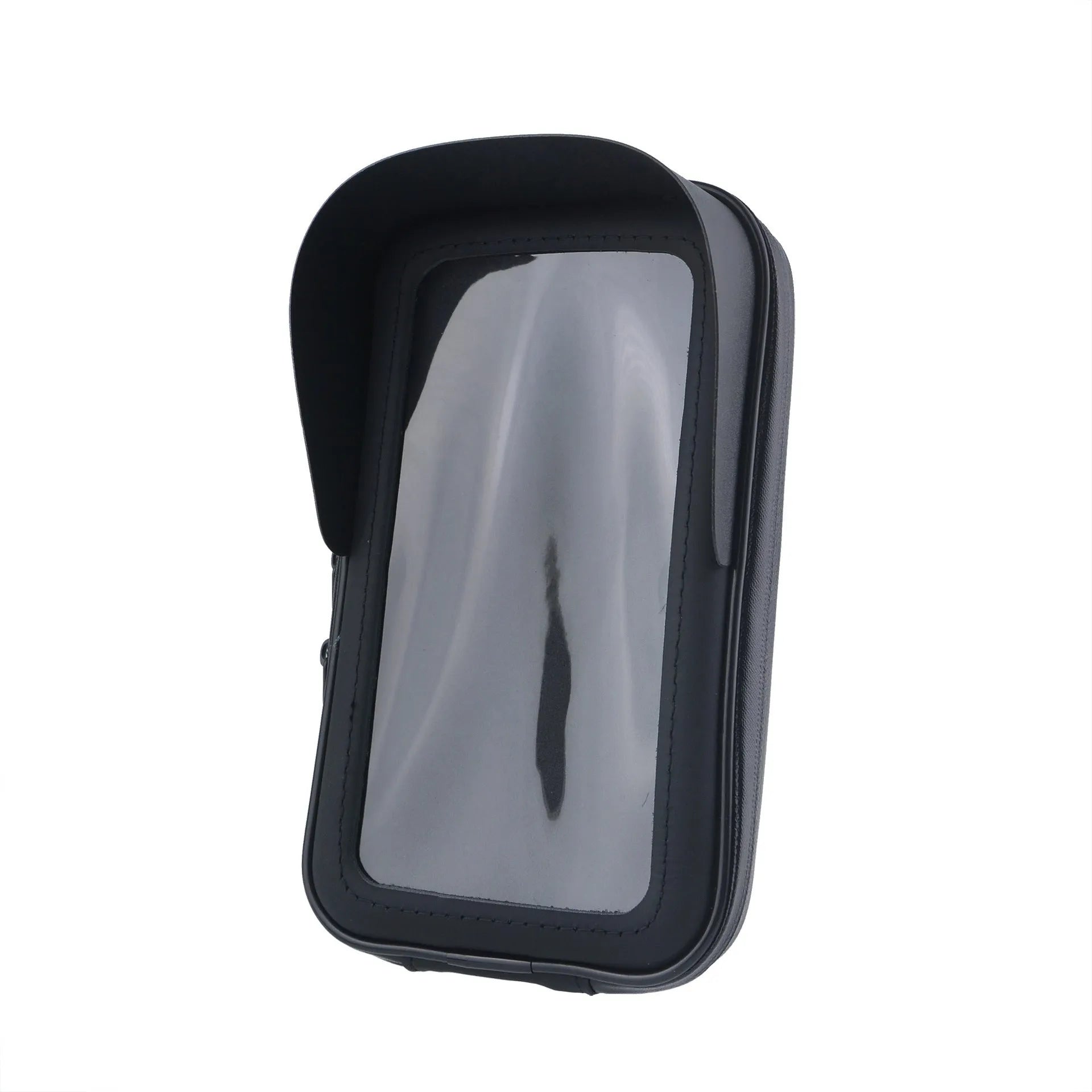 Waterproof cycling phone bag mounted on bicycle handlebar with clear window showing phone screen
