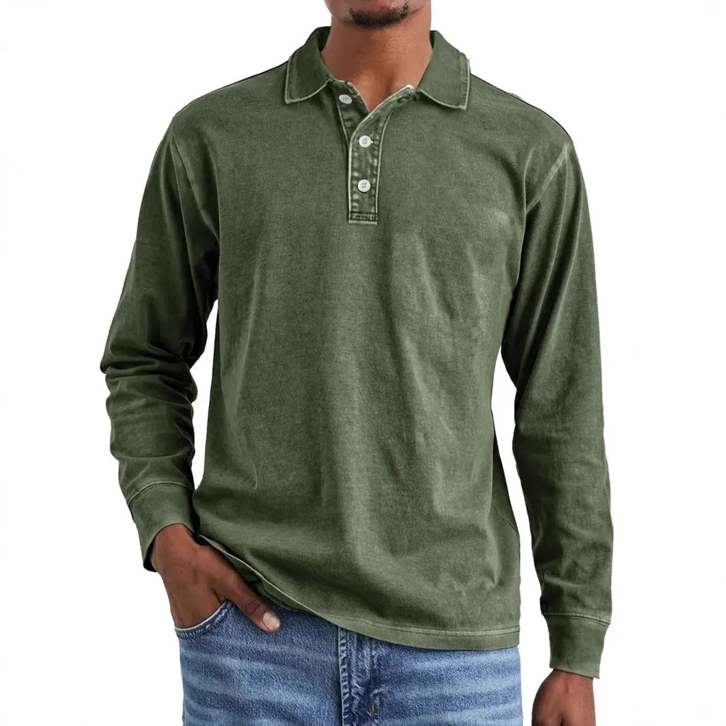 Retro washed distressed cotton lapel long sleeve polo shirt in Army Green colour showing lapel collar detail and long sleeves