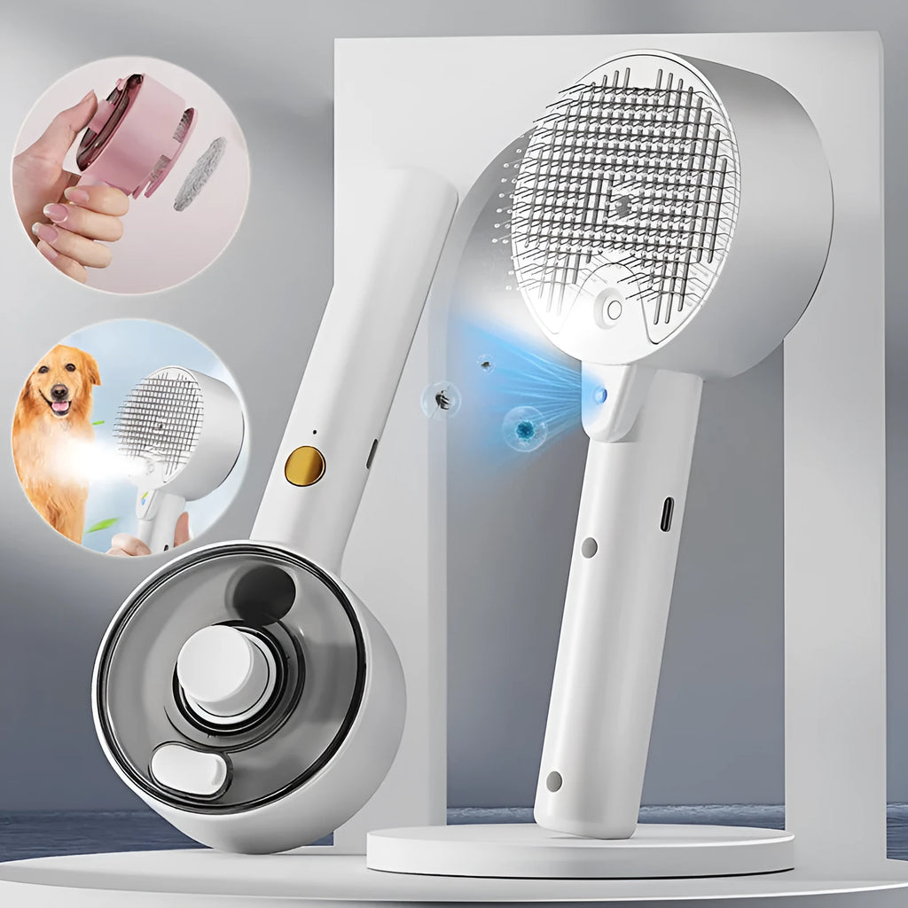 Ceramic white pet grooming comb with soft needles, UVC blue light, and a mist spray nozzle.