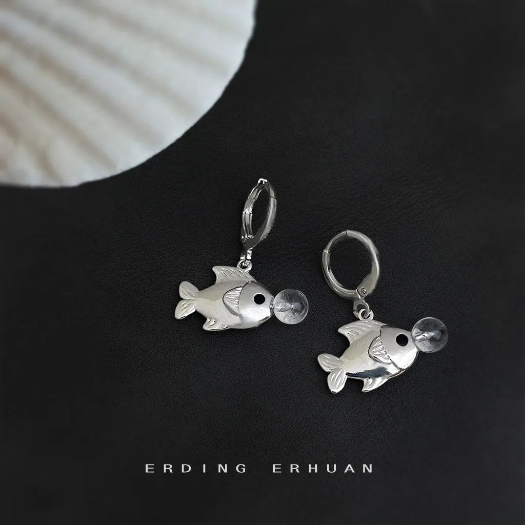 Gold-coloured bubble fish design copper earrings with animal modelling detail