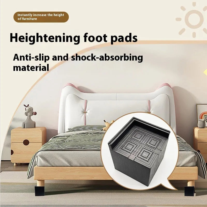 Four black plastic bed foot mats showing 2.5cm height increase for furniture legs