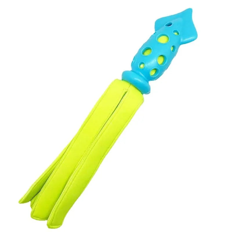 Blue cuttlefish-shaped dog chew toy approximately 39cm long with rubber and waterproof cloth construction