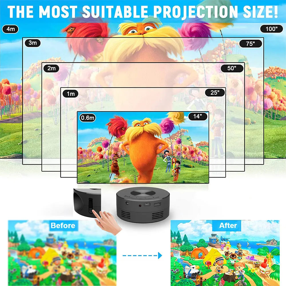 Black portable mini projector for children next to a smartphone for scale