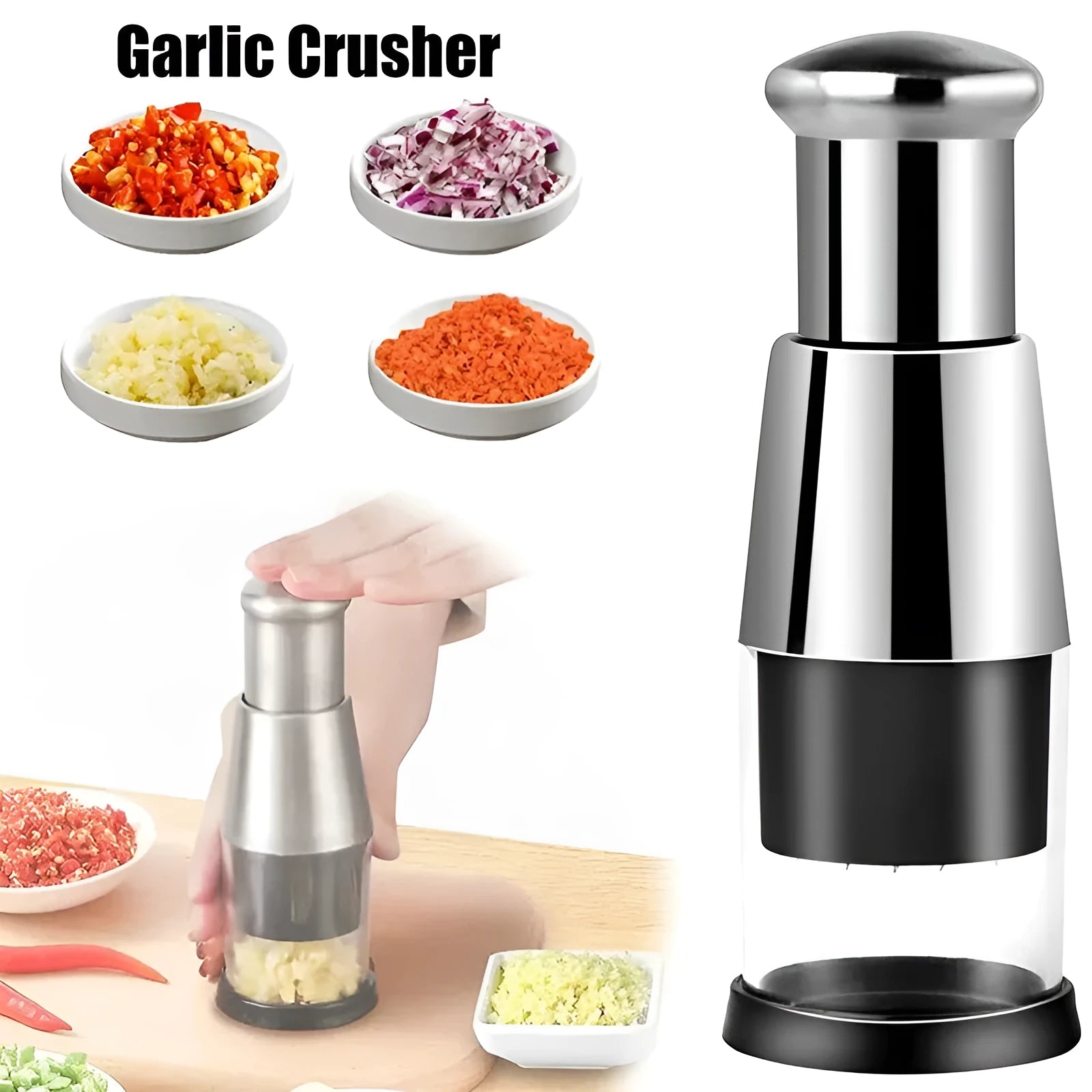 Manual garlic crusher and onion chopper with stainless steel blades on food-grade plastic base