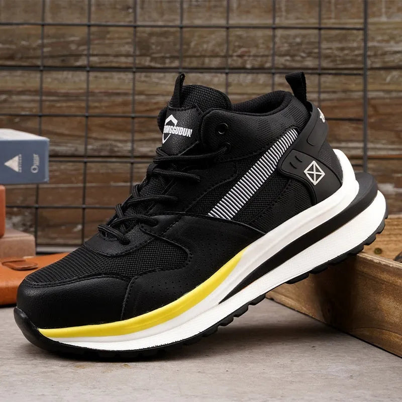 Low-top black safety work boot with lace-up front and steel toe cap on a construction site background.