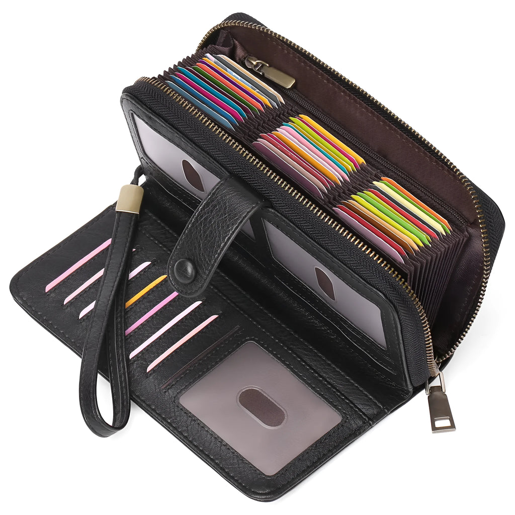 Women's expanding card holder wallet in light brown showing multiple card slots and passport sleeve