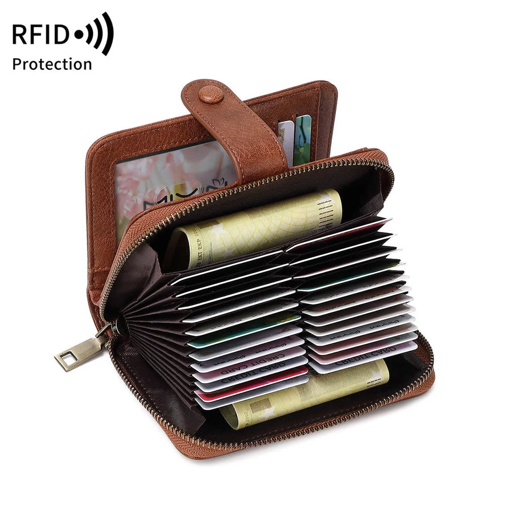 Leopard print retro small wallet with zipper, hollow stitching, and anti-theft card slot in various colour options.