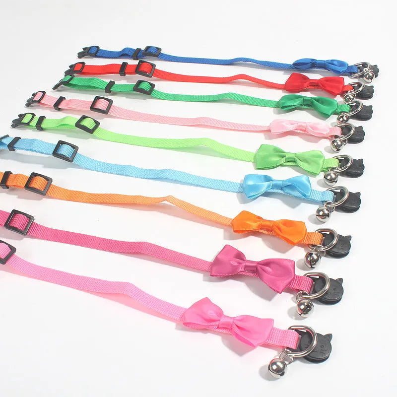 Multi-colour adjustable nylon bow cat collar with bell decoration in cartoon stripe pattern