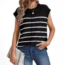 Women's striped sleeveless vest pullover with bone stitching details in multiple colour options