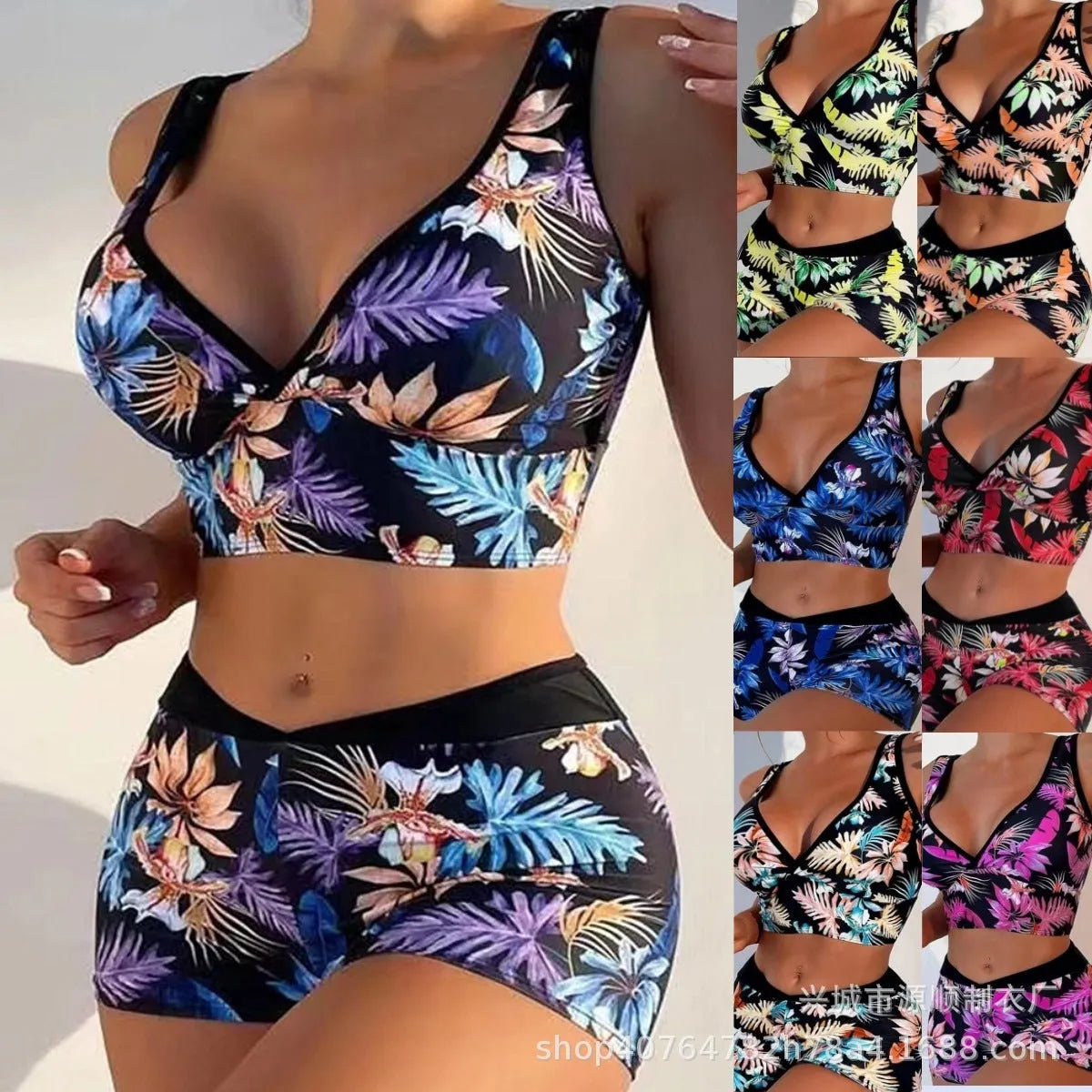 Two-piece swimsuit with printed boxer briefs in multiple colours, sleeveless top, and briefs style for female swimmers