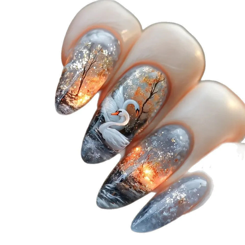 WM-43 Swan Lake Dance medium almond fake nails in starry sky pattern, glue type wearable plastic set for ladies