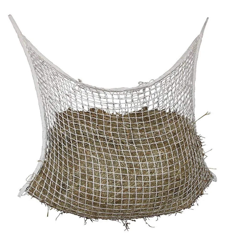 Black woven polyethylene rope horse feeding bag with grid pattern, hanging demonstration showing 120x90cm size