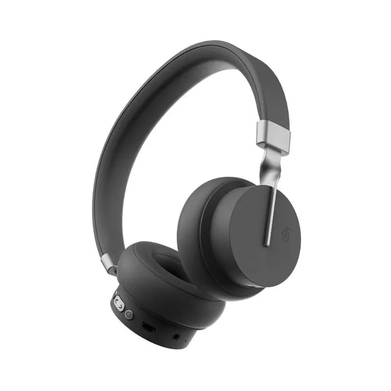 Solid colour Bluetooth headset worn on head with 10-metre wireless range for calls and music