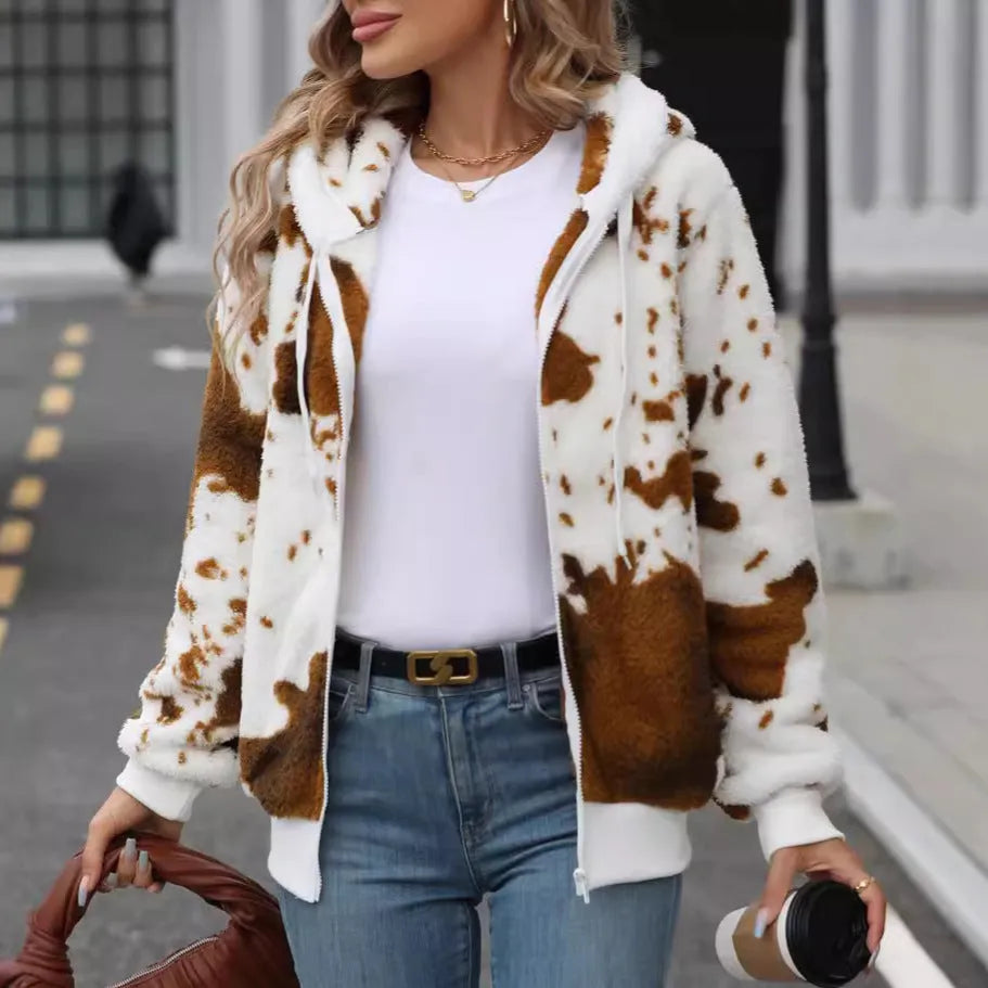 Yellow brown cow animal print hooded zipper cardigan jacket with plush texture and regular sleeves