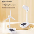 Ivory white solar table fan with LED study lamp showing dual-function design and button controls