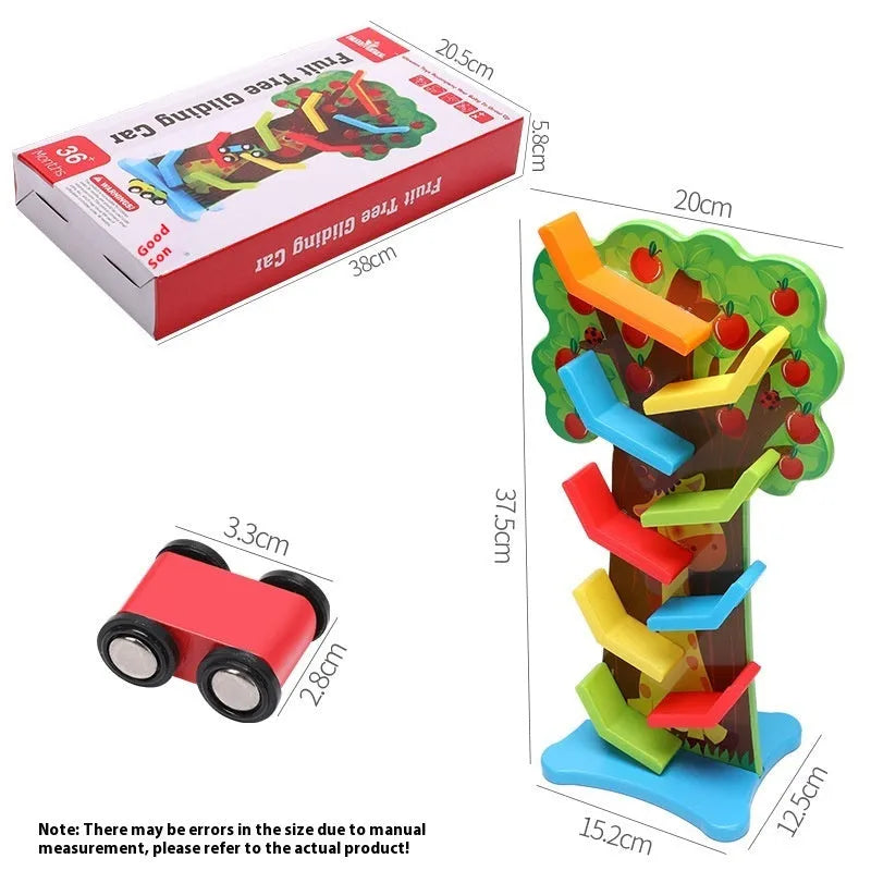 Children's wooden multi-layer gliding car track toy for ages 4-6 with colourful sliding car and track pieces