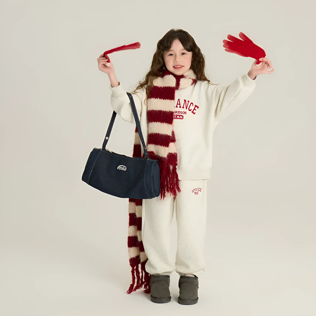 Children's velvet sport suit two-piece set, cotton pullover sweatshirt and sweatpants with letter pattern, light gray red navy blue