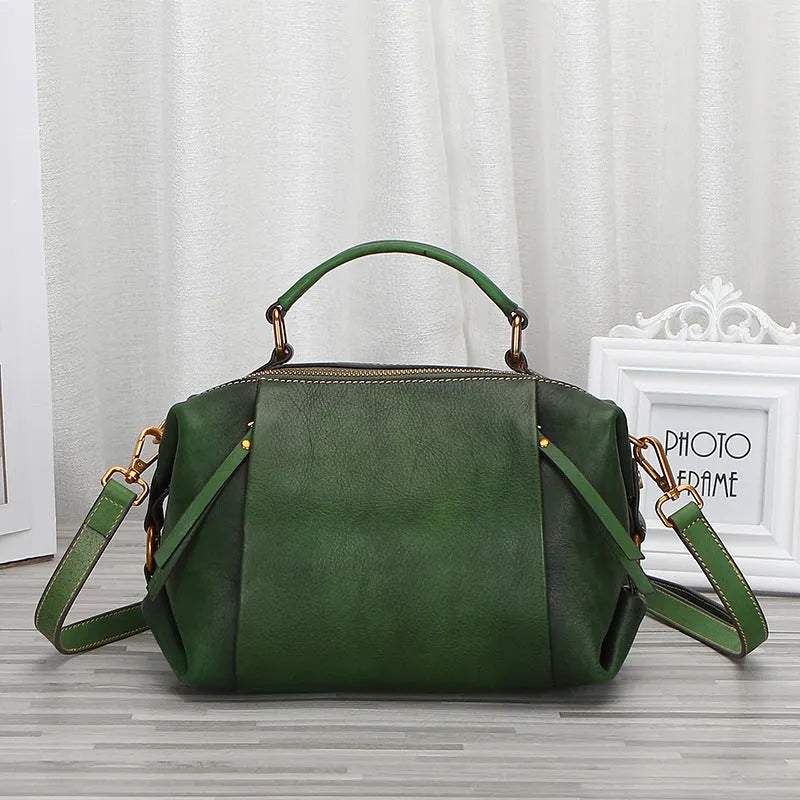 Genuine leather women's shoulder bag in pillow shape with open pocket, available in brown, coffee, grey and green